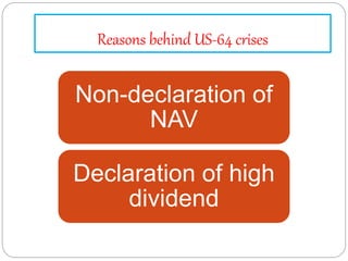 Reasons behind US-64 crises
Non-declaration of
NAV
Declaration of high
dividend
 