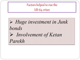 Factors helped to rise the
US-64 crises
 Huge investment in Junk
bonds
 Involvement of Ketan
Parekh
 