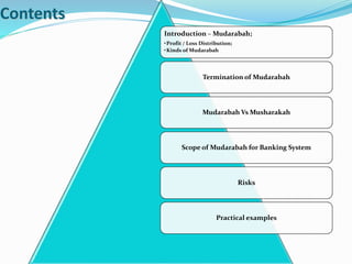 Contents
Introduction – Mudarabah;
•Profit / Loss Distribution;
•Kinds of Mudarabah
Termination of Mudarabah
Mudarabah Vs Musharakah
Scope of Mudarabah for Banking System
Risks
Practical examples
 