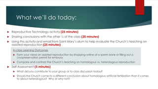 What we’ll do today:
 Reproductive Technology activity (25 minutes)
 Sharing conclusions with the other ½ of the class (20 minutes)
 Using this activity and email from Saint Mary’s alum to help evaluate the Church’s teaching on
assisted reproduction (25 minutes)
In-class Learning Outcomes
 Form your views on assisted reproduction by shopping online at a sperm bank or filling out a
cryopreservation permit for embryos
 Compare and contrast the Church’s teaching on homologous vs. heterologous reproduction
 Self-Assessment (5 minutes)
 What did you contribute to your group or to class discussion today?
 Should the Church come to a different conclusion about homologous artificial fertilization than it comes
to about heterologous? Why or why not?the conjoined twins affect how you view official Church
teaching about life-saving abortions? Why or why not?
 