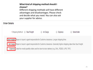 What kind of shipping method should I
choose?
Different shipping methods will have different
advantages and disadvantages. Please check
and decide what you need. You can also ask
your supplier for advice.
25
 