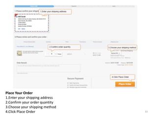 Place Your Order
1.Enter your shipping address
2.Confirm your order quantity
3.Choose your shipping method
4.Click Place Order 33
 