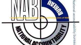 • General Musharraf replaced all the controlling slots of NAB
 