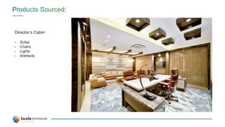 Director’s Cabin:
- Sofas
- Chairs
- Lights
- Artefacts
 