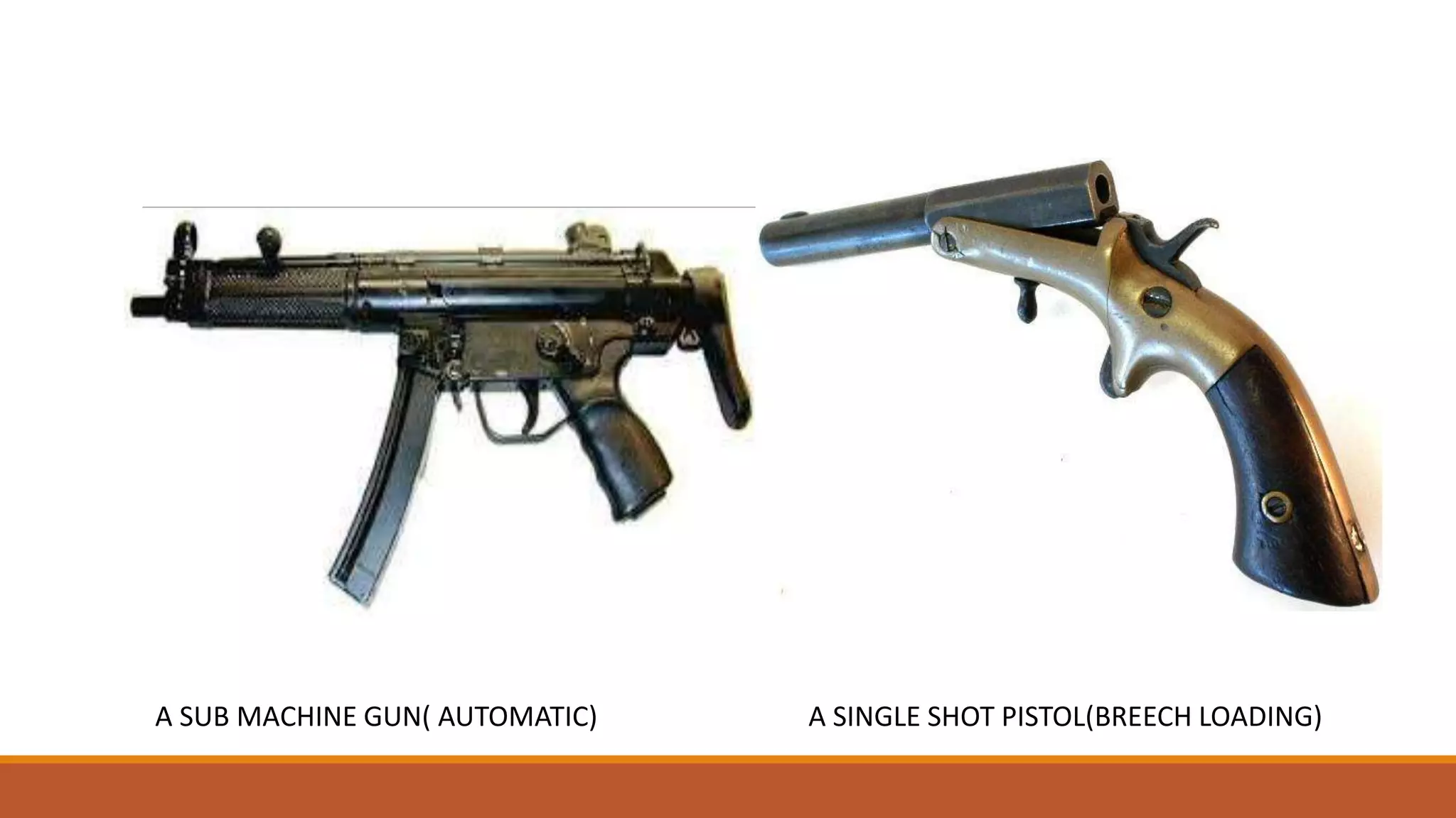 A SUB MACHINE GUN( AUTOMATIC) A SINGLE SHOT PISTOL(BREECH LOADING)
 