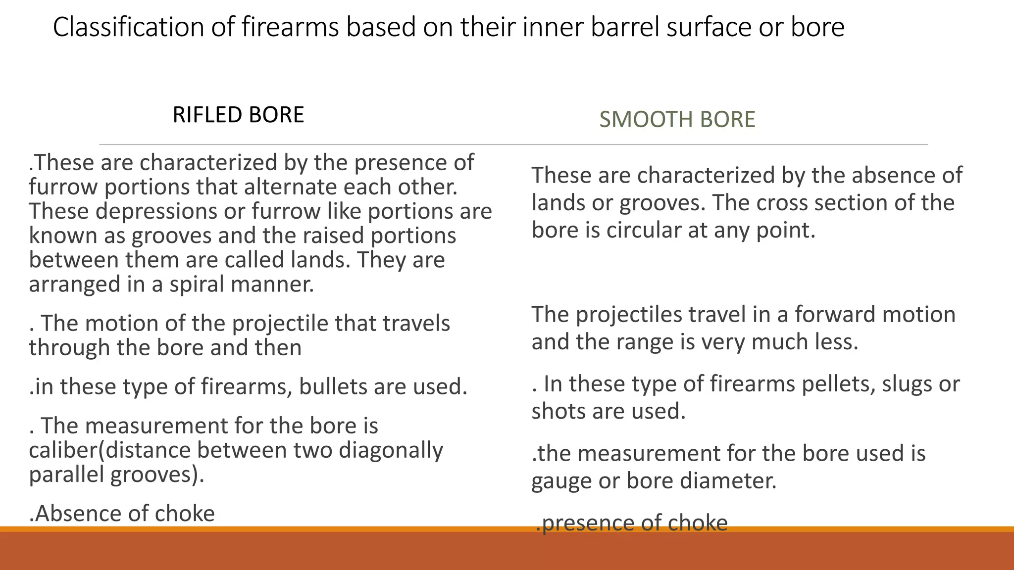 Classification of firearms based on their inner barrel surface or bore
RIFLED BORE
.These are characterized by the presence of
furrow portions that alternate each other.
These depressions or furrow like portions are
known as grooves and the raised portions
between them are called lands. They are
arranged in a spiral manner.
. The motion of the projectile that travels
through the bore and then
.in these type of firearms, bullets are used.
. The measurement for the bore is
caliber(distance between two diagonally
parallel grooves).
.Absence of choke
SMOOTH BORE
These are characterized by the absence of
lands or grooves. The cross section of the
bore is circular at any point.
The projectiles travel in a forward motion
and the range is very much less.
. In these type of firearms pellets, slugs or
shots are used.
.the measurement for the bore used is
gauge or bore diameter.
.presence of choke
 