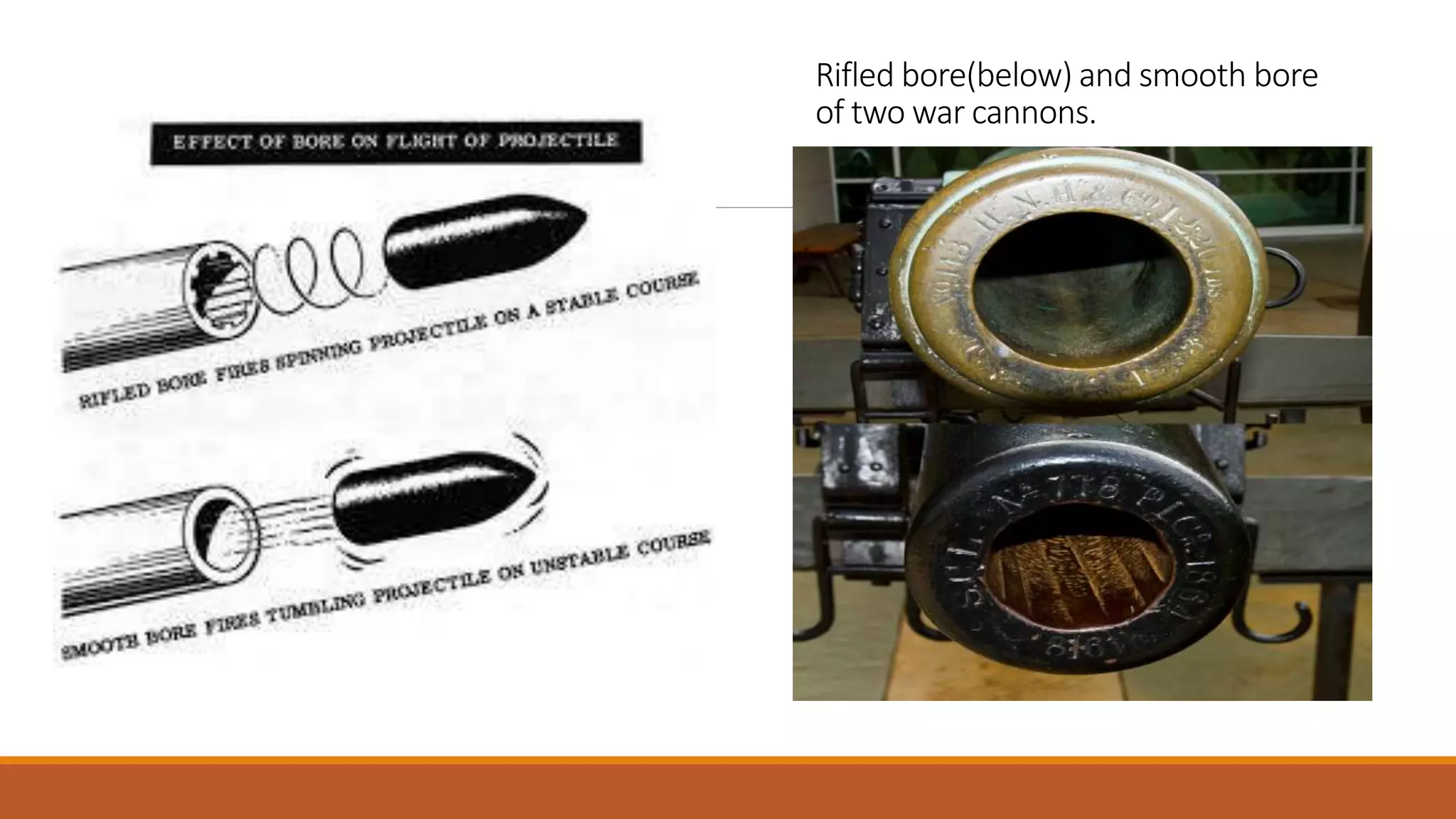 Rifled bore(below) and smooth bore
of two war cannons.
 