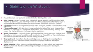 • Stability of the Wrist Joint
 The joint capsule and ligaments contribute to the stability of the wrist.
 Joint capsule: Like any synovial joint, the capsule is dual layered. The fibrous outer layer
attaches to the radius, ulna and the proximal row of the carpal bones. The internal layer is
comprised of a synovial membrane, secreting synovial fluid which lubricates the joint.
 Ligaments: There are four ligaments of note in the wrist joint, one for each side of the joint
 Palmar radiocarpal – It is found on the palmar (anterior) side of the hand. It passes from
the radius to both rows of carpal bones. Its function, apart from increasing stability, is to
ensure that the hand follows the forearm during supination.
 Dorsal radiocarpal – It is found on the dorsum (posterior) side of the hand. It passes from
the radius to both rows of carpal bones. It contributes to the stability of the wrist, but also
ensures that the hand follows the forearm during pronation.
 Ulnar collateral – Runs from the ulnar styloid process to the triquetrum and pisiform.
Works in union with the other collateral ligament to prevent excessive lateral joint
displacement.
 Radial collateral – Runs from the radial styloid process to the scaphoid and trapezium.
Works in union with the other collateral ligament to prevent excessive lateral joint
displacement.
 