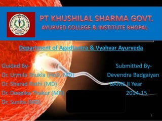 Department of Agadtantra & Vyahvar Ayurveda
Guided By- Submitted By-
Dr. Urmila Shukla (HoD, MD) Devendra Badgaiyan
Dr. Sharad Rathi (MD) BAMS II Year
Dr. Deepika Thakur (MD) 2014-15
Dr. Sunita (MD)
 
