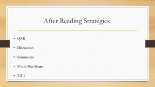 After Reading Strategies
• QAR
• Discussion
• Summarize
• Think-Pair-Share
• 3-2-1
 