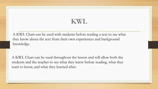 KWL
A KWL Chart can be used with students before reading a text to see what
they know about the text from their own experiences and background
knowledge.
A KWL Chart can be used throughout the lesson and will allow both the
students and the teacher to see what they knew before reading, what they
want to know, and what they learned after.
 