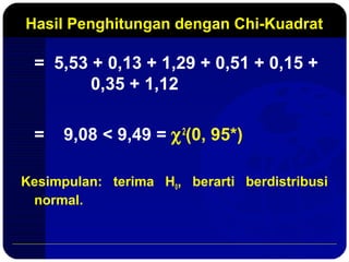 Hasil Penghitungan dengan Chi-Kuadrat
= 5,53 + 0,13 + 1,29 + 0,51 + 0,15 +
0,35 + 1,12
= 9,08 < 9,49 = χ2
(0, 95*)
Kesimpulan: terima H0, berarti berdistribusi
normal.
 