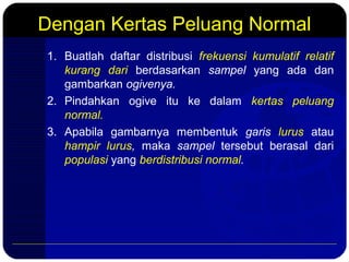 Dengan Kertas Peluang Normal
1. Buatlah daftar distribusi frekuensi kumulatif relatif
kurang dari berdasarkan sampel yang ada dan
gambarkan ogivenya.
2. Pindahkan ogive itu ke dalam kertas peluang
normal.
3. Apabila gambarnya membentuk garis lurus atau
hampir lurus, maka sampel tersebut berasal dari
populasi yang berdistribusi normal.
 