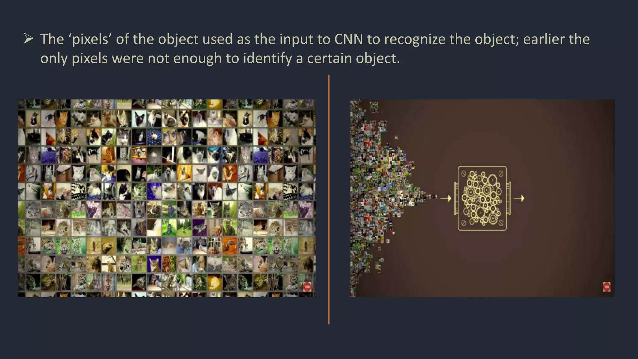  The ‘pixels’ of the object used as the input to CNN to recognize the object; earlier the
only pixels were not enough to identify a certain object.
 