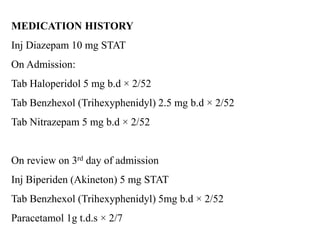 MEDICATION HISTORY
Inj Diazepam 10 mg STAT
On Admission:
Tab Haloperidol 5 mg b.d × 2/52
Tab Benzhexol (Trihexyphenidyl) 2.5 mg b.d × 2/52
Tab Nitrazepam 5 mg b.d × 2/52
On review on 3rd day of admission
Inj Biperiden (Akineton) 5 mg STAT
Tab Benzhexol (Trihexyphenidyl) 5mg b.d × 2/52
Paracetamol 1g t.d.s × 2/7
 
