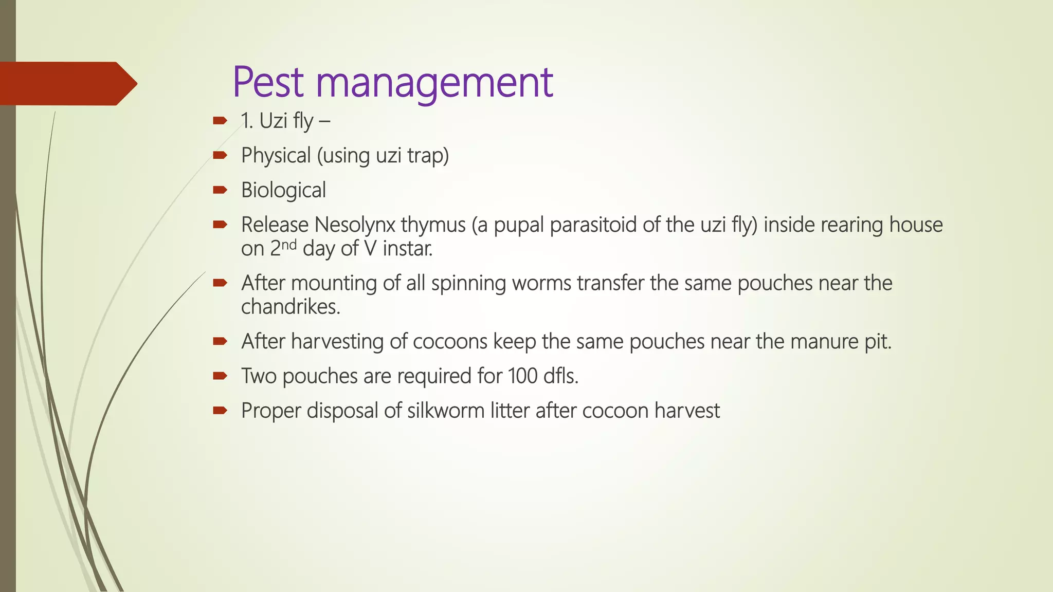 Pest management
 1. Uzi fly –
 Physical (using uzi trap)
 Biological
 Release Nesolynx thymus (a pupal parasitoid of the uzi fly) inside rearing house
on 2nd day of V instar.
 After mounting of all spinning worms transfer the same pouches near the
chandrikes.
 After harvesting of cocoons keep the same pouches near the manure pit.
 Two pouches are required for 100 dfls.
 Proper disposal of silkworm litter after cocoon harvest
 