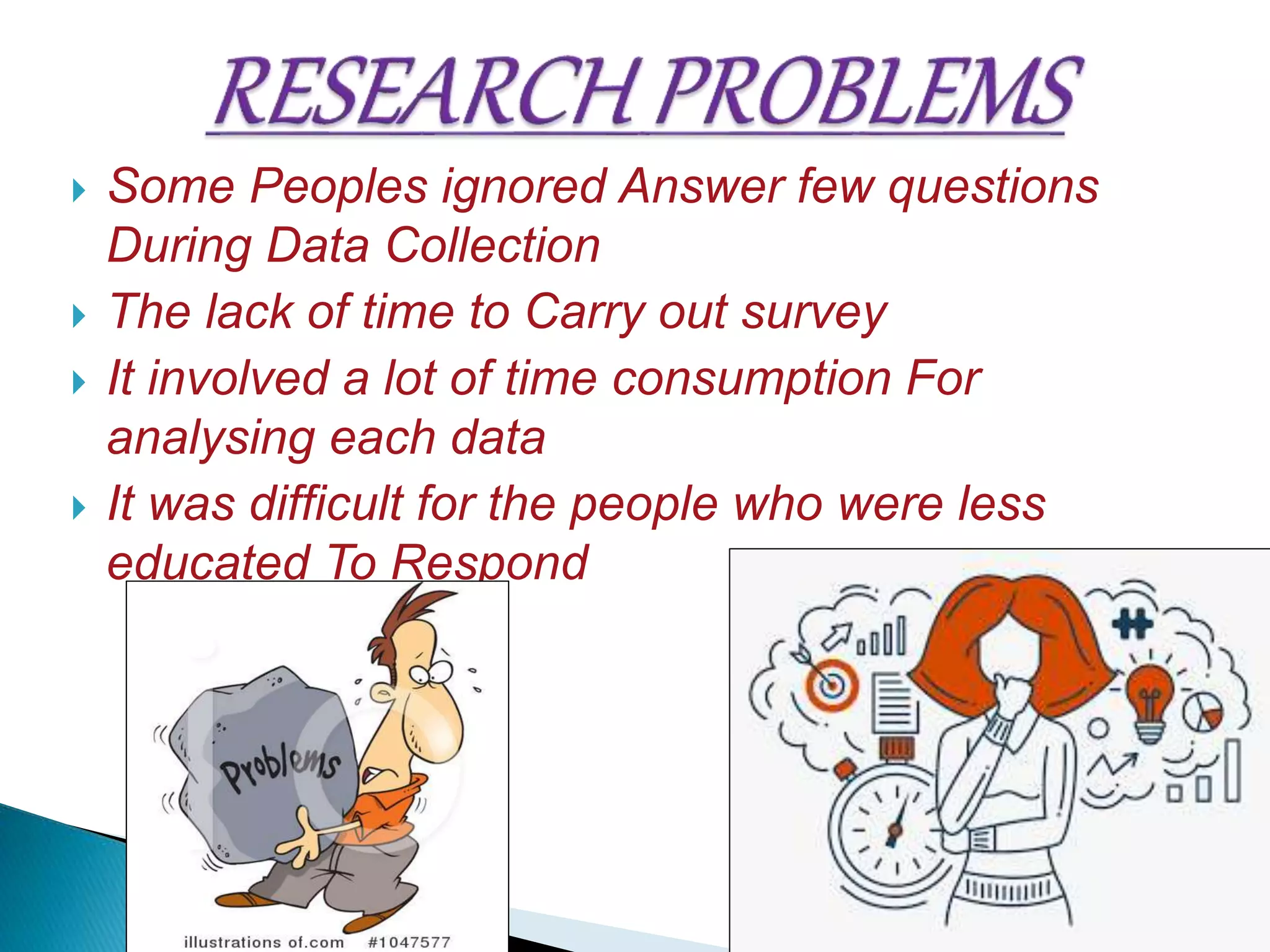  Some Peoples ignored Answer few questions
During Data Collection
 The lack of time to Carry out survey
 It involved a lot of time consumption For
analysing each data
 It was difficult for the people who were less
educated To Respond
 