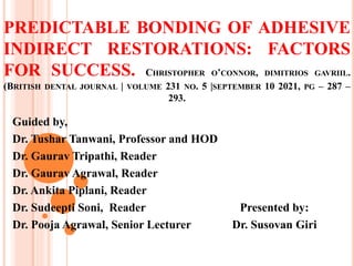 PREDICTABLE BONDING OF ADHESIVE
INDIRECT RESTORATIONS: FACTORS
FOR SUCCESS. CHRISTOPHER O’CONNOR, DIMITRIOS GAVRIIL.
(BRITISH DENTAL JOURNAL | VOLUME 231 NO. 5 |SEPTEMBER 10 2021, PG – 287 –
293.
Guided by,
Dr. Tushar Tanwani, Professor and HOD
Dr. Gaurav Tripathi, Reader
Dr. Gaurav Agrawal, Reader
Dr. Ankita Piplani, Reader
Dr. Sudeepti Soni, Reader Presented by:
Dr. Pooja Agrawal, Senior Lecturer Dr. Susovan Giri
 