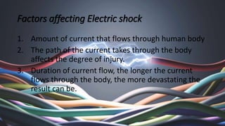 Factors affecting Electric shock
1. Amount of current that flows through human body
2. The path of the current takes throu...