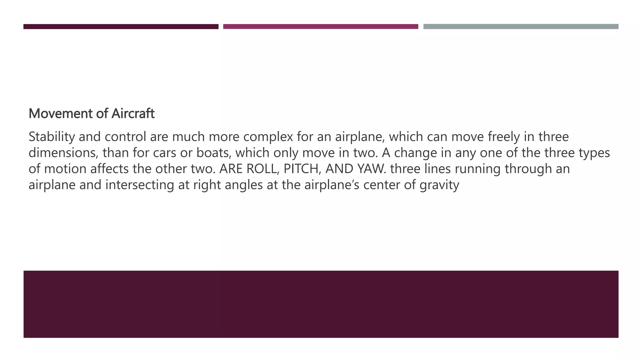 Movement of Aircraft
Stability and control are much more complex for an airplane, which can move freely in three
dimensions, than for cars or boats, which only move in two. A change in any one of the three types
of motion affects the other two. ARE ROLL, PITCH, AND YAW. three lines running through an
airplane and intersecting at right angles at the airplane’s center of gravity
 