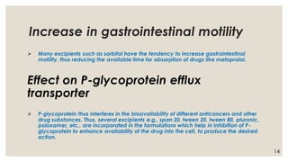 Increase in gastrointestinal motility
➢ Many excipients such as sorbitol have the tendency to increase gastrointestinal
motility, thus reducing the available time for absorption of drugs like metoprolol.
Effect on P-glycoprotein efflux
transporter
➢ P-glycoprotein thus interferes in the bioavailability of different anticancers and other
drug substances. Thus, several excipients e.g., span 20, tween 20, tween 80, pluronic,
poloxamer, etc., are incorporated in the formulations which help in inhibition of P-
glycoprotein to enhance availability of the drug into the cell, to produce the desired
action.
14
 
