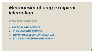 Mechansim of drug excipient
interaction
❑ They can be classified as :-
➢ PHYSICAL INTERACTIONS
➢ CHEMICAL INTERACTIONS
➢ BIOPHARMACEUTICAL INTERACTIONS
➢ EXCIPIENT – EXCIPIENT INTERACTIONS
8
 