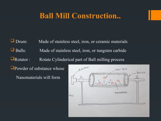 Ball Mill Construction..
 Drum: Made of stainless steel, iron, or ceramic materials
 Balls: Made of stainless steel, iron, or tungsten carbide
Rotator : Rotate Cylinderical part of Ball milling process
Powder of substance whose
Nanomaterials will form
 
