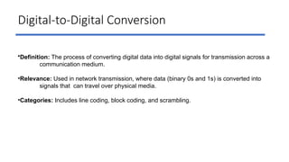 Digital-to-Digital Conversion
•Definition: The process of converting digital data into digital signals for transmission across a
communication medium.
•Relevance: Used in network transmission, where data (binary 0s and 1s) is converted into
signals that can travel over physical media.
•Categories: Includes line coding, block coding, and scrambling.
 