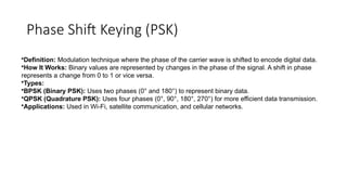 Phase Shift Keying (PSK)
•Definition: Modulation technique where the phase of the carrier wave is shifted to encode digital data.
•How It Works: Binary values are represented by changes in the phase of the signal. A shift in phase
represents a change from 0 to 1 or vice versa.
•Types:
•BPSK (Binary PSK): Uses two phases (0° and 180°) to represent binary data.
•QPSK (Quadrature PSK): Uses four phases (0°, 90°, 180°, 270°) for more efficient data transmission.
•Applications: Used in Wi-Fi, satellite communication, and cellular networks.
 