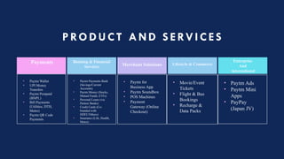 • Paytm Ads
• Paytm Mini
Apps
• PayPay
(Japan JV)
PRODUCT AND SERVI CES
Payments
• Paytm Wallet
• UPI Money
Transfers
• Paytm Postpaid
(BNPL)
• Bill Payments
(Utilities, DTH,
Metro)
• Paytm QR Code
Payments
Banking & Financial
Services
• Paytm Payments Bank
(Savings/Current
Accounts)
• Paytm Money (Stocks,
Mutual Funds, ETFs)
• Personal Loans (via
Partner Banks)
• Credit Cards (Co-
branded with
HDFC/Others)
• Insurance (Life, Health,
Motor)
Merchant Solutions
• Paytm for
Business App
• Paytm Soundbox
• POS Machines
• Payment
Gateway (Online
Checkout)
Lifestyle & Commerce
• Movie/Event
Tickets
• Flight & Bus
Bookings
• Recharge &
Data Packs
Enterprise
And
international
 