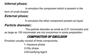 .
Internal phase;
In emulsion the component which is present in the
form of small droplet.
External phase;
In emulsion the other component present as liquid.
Particle diameter;
The particle diameter as small as 0.01 micrometre and
as large as 100 micrometer are not uncommon in some preparation.
Composition of Emulsion
Emulsion usually consist of three components;
1- Aqueous phase
2-Oily phase
3-Emulsifying Agent
 