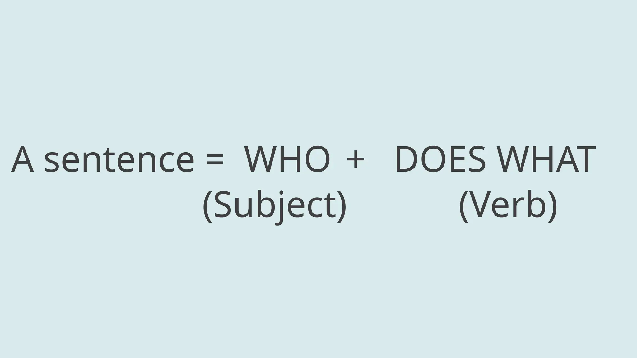 A sentence = WHO + DOES WHAT
(Subject) (Verb)