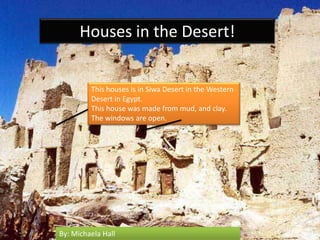 Houses in the Desert!  This houses is in Siwa Desert in the Western Desert in Egypt.  This house was made from mud, and clay. The windows are open. By: Michaela Hall 