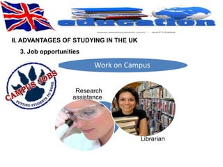II. ADVANTAGES OF STUDYING IN THE UK 
Work on Campus 
3. Job opportunities 
Research 
assistance 
Librarian 
 