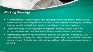 Working Drawings
• A comprehensive set of drawings used in a building construction project: these includes
not only architect's drawings but structural and services engineer's drawings etc. Working
drawings logically subdivide into location, assembly and component drawings.
• Location drawings, also called general arrangement drawings, include floor plans,
sections and elevations: they show where the construction elements are located.
• Assembly drawings show how the different parts are put together. For example, a wall
detail will show the layers that make up the construction, how they are fixed to structural
elements, how to finish the edges of openings, and how prefabricated components are to
be fitted.
 