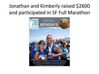 Jonathan and Kimberly raised $2600
and participated in SF Full Marathon
 