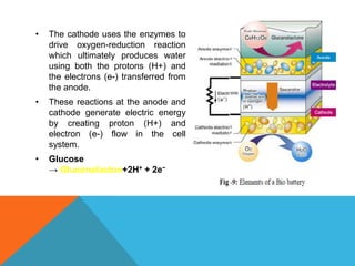 • The cathode uses the enzymes to
drive oxygen-reduction reaction
which ultimately produces water
using both the protons (H+) and
the electrons (e-) transferred from
the anode.
• These reactions at the anode and
cathode generate electric energy
by creating proton (H+) and
electron (e-) flow in the cell
system.
• Glucose
→ Gluconolacton+2H+ + 2e−
 