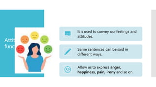 Attitudinal
function
It is used to convey our feelings and
attitudes.
Same sentences can be said in
different ways.
Allow us to express anger,
happiness, pain, irony and so on.
 
