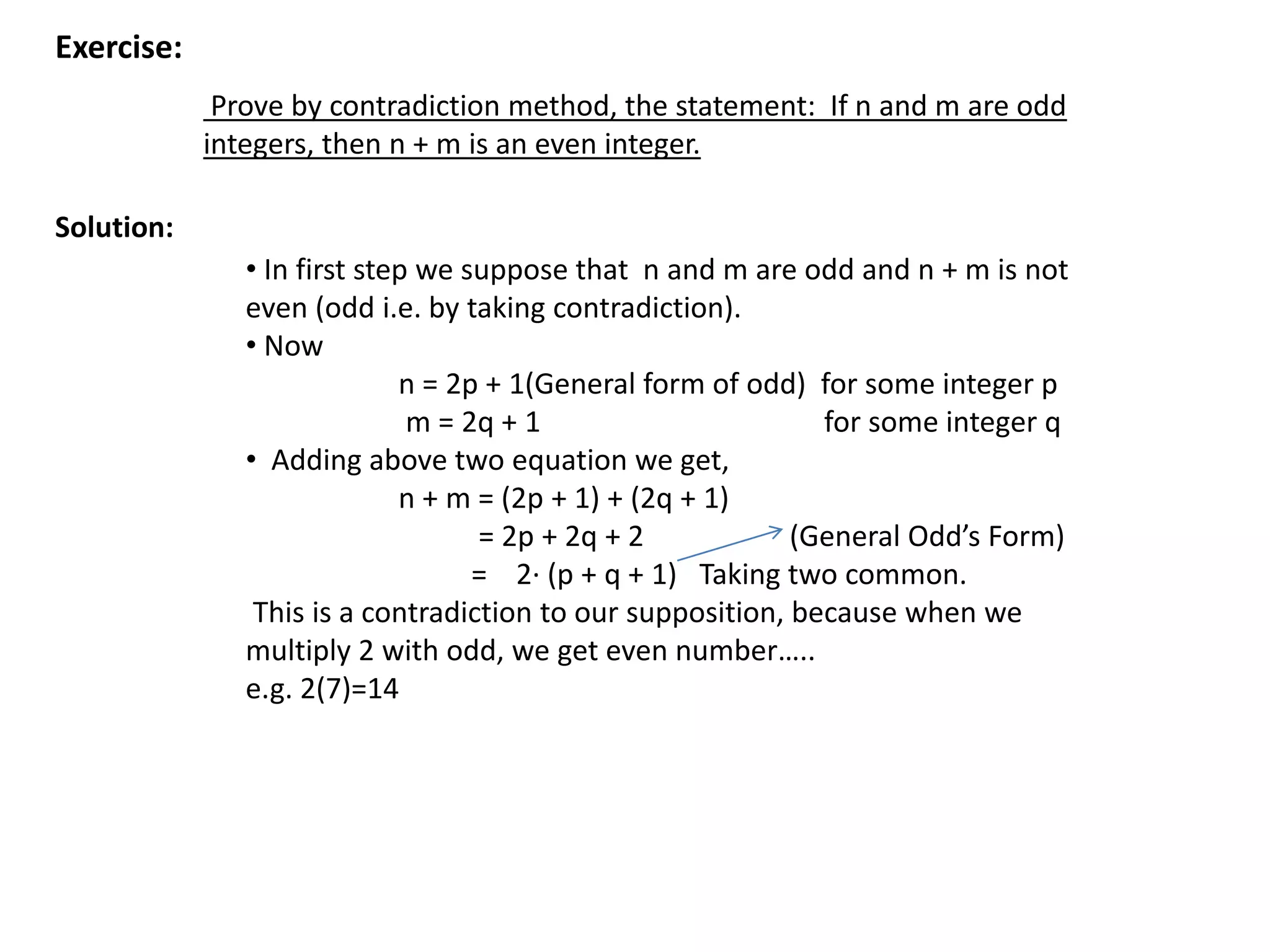 Exercise:
Prove by contradiction method, the statement: If n and m are odd
integers, then n + m is an even integer.
Solution:
• In first step we suppose that n and m are odd and n + m is not
even (odd i.e. by taking contradiction).
• Now
n = 2p + 1(General form of odd) for some integer p
m = 2q + 1 for some integer q
• Adding above two equation we get,
n + m = (2p + 1) + (2q + 1)
= 2p + 2q + 2 (General Odd’s Form)
= 2· (p + q + 1) Taking two common.
This is a contradiction to our supposition, because when we
multiply 2 with odd, we get even number…..
e.g. 2(7)=14
 