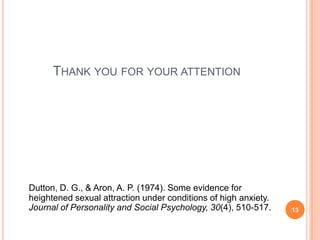 ThankyouforyourattentionDutton, D. G., & Aron, A. P. (1974). Someevidenceforheightenedsexualattractionunderconditions of high anxiety. Journal of Personality and SocialPsychology, 30(4), 510-517.13