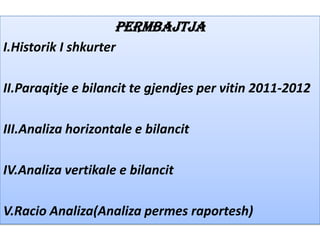 Permbajtja
I.Historik I shkurter

II.Paraqitje e bilancit te gjendjes per vitin 2011-2012
III.Analiza horizontale e bilancit
IV.Analiza vertikale e bilancit
V.Racio Analiza(Analiza permes raportesh)

 