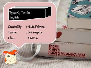Created By : Hilda Febrina
Teacher : Leli Yuspita
Class : X MIA 6
Types Of Text In
English
09/01/2015 1Types of text in English
 