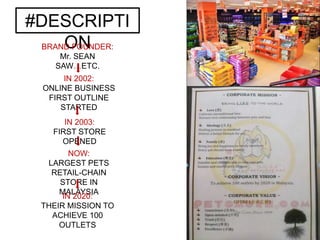 #DESCRIPTI
ONBRAND FOUNDER:
Mr. SEAN
SAW…ETC.
IN 2003:
FIRST STORE
OPENED
IN 2002:
ONLINE BUSINESS
FIRST OUTLINE
STARTED
NOW:
LARGEST PETS
RETAIL-CHAIN
STORE IN
MALAYSIA
IN 2020:
THEIR MISSION TO
ACHIEVE 100
OUTLETS
 