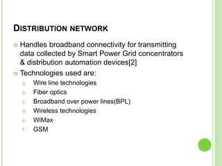 DISTRIBUTION NETWORK
 Handles broadband connectivity for transmitting
data collected by Smart Power Grid concentrators
& distribution automation devices[2]
 Technologies used are:
a. Wire line technologies
b. Fiber optics
c. Broadband over power lines(BPL)
d. Wireless technologies
e. WiMax
f. GSM
 