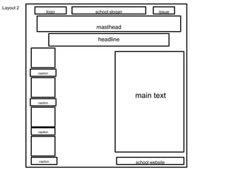 masthead
school sloganlogo issue
headline
caption
caption
caption
caption
main text
school website
Layout 2
 