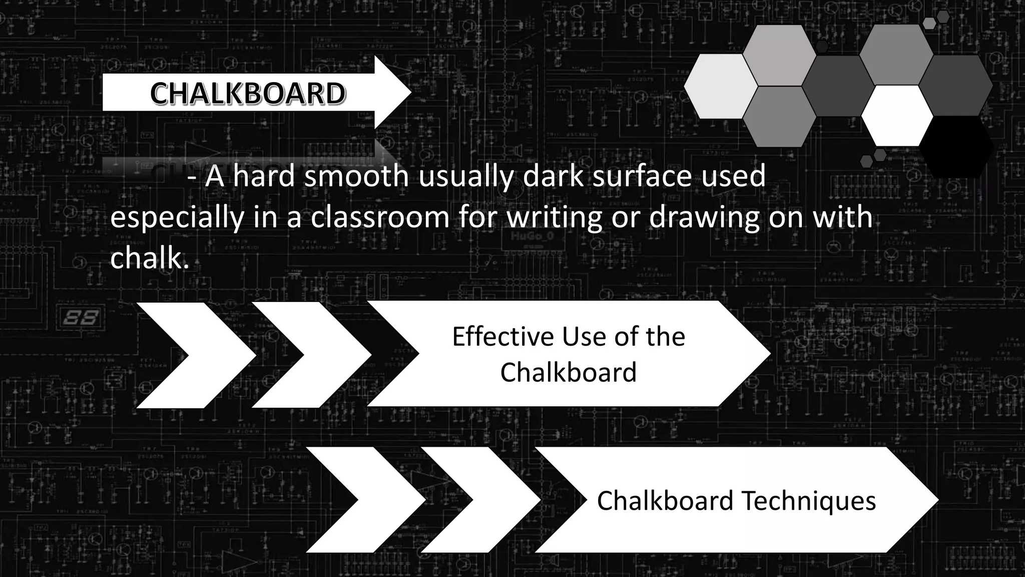 - A hard smooth usually dark surface used
especially in a classroom for writing or drawing on with
chalk.
Effective Use of the
Chalkboard
Chalkboard Techniques
 