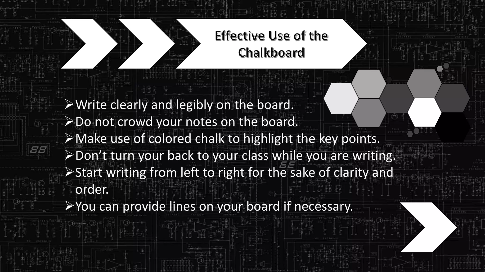 Write clearly and legibly on the board.
Do not crowd your notes on the board.
Make use of colored chalk to highlight the key points.
Don’t turn your back to your class while you are writing.
Start writing from left to right for the sake of clarity and
order.
You can provide lines on your board if necessary.
 