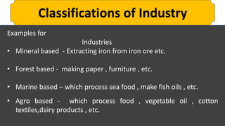 Classifications of Industry
Examples for
Industries
• Mineral based - Extracting iron from iron ore etc.
• Forest based - making paper , furniture , etc.
• Marine based – which process sea food , make fish oils , etc.
• Agro based - which process food , vegetable oil , cotton
textiles,dairy products , etc.
 