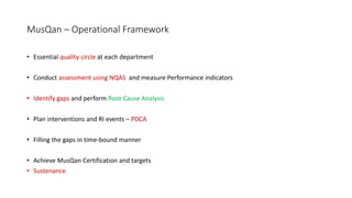 MusQan – Operational Framework
• Essential quality circle at each department
• Conduct assessment using NQAS and measure Performance indicators
• Identify gaps and perform Root Cause Analysis
• Plan interventions and RI events – PDCA
• Filling the gaps in time-bound manner
• Achieve MusQan Certification and targets
• Sustenance
 
