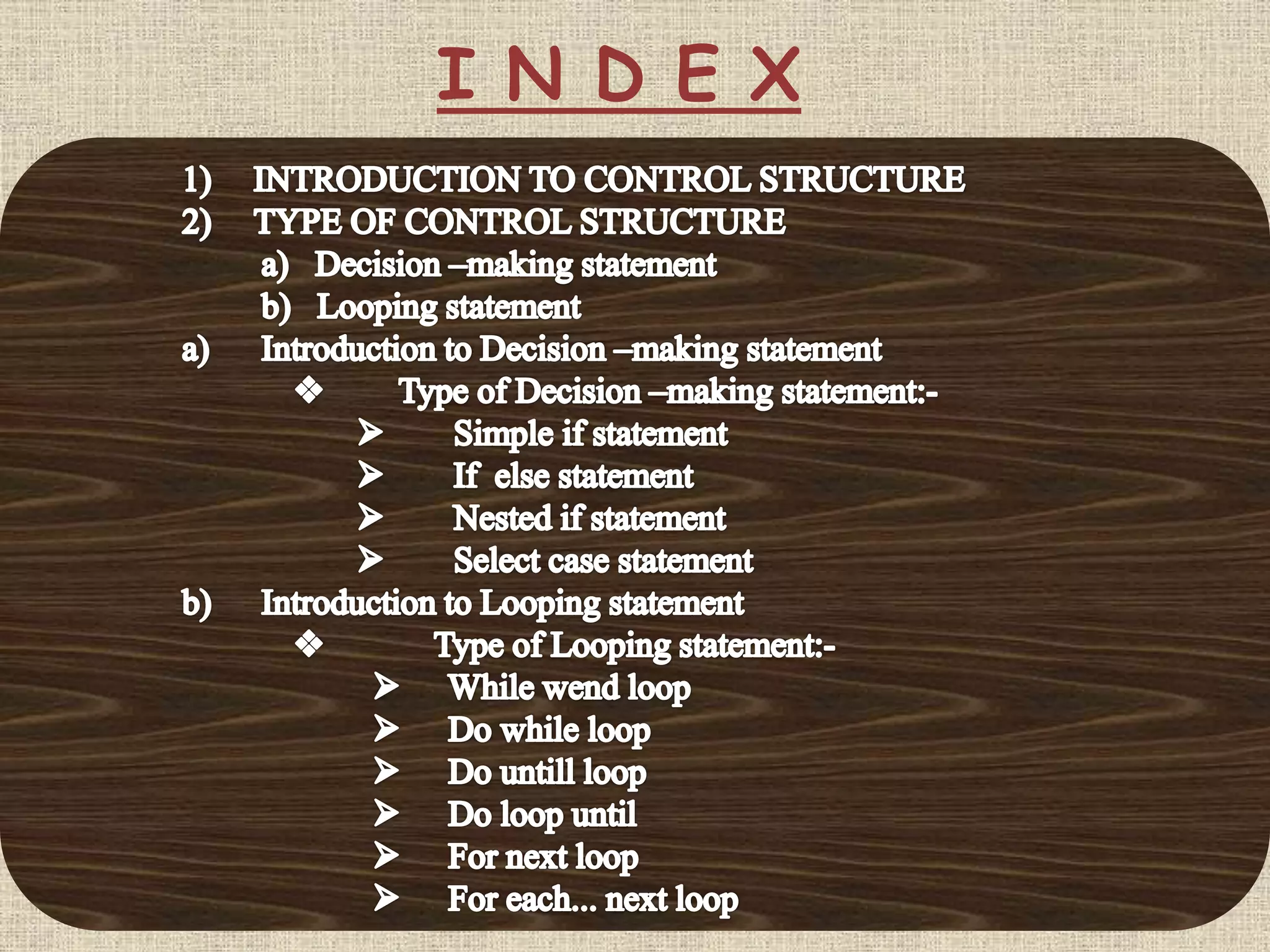 CONTROL STRUCTURE IN VB PPT